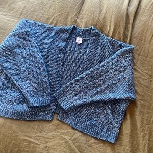 Cabi cardigan, blue crochet knit. Size large.